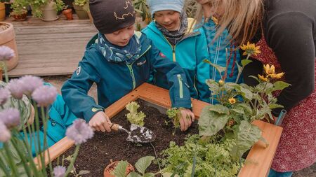Kinder am Hochbeet